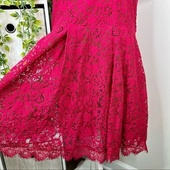 Free People Short Sleeve Lace Open Back Mini Dress Tunic Magenta Red XS - Picture 6 of 9